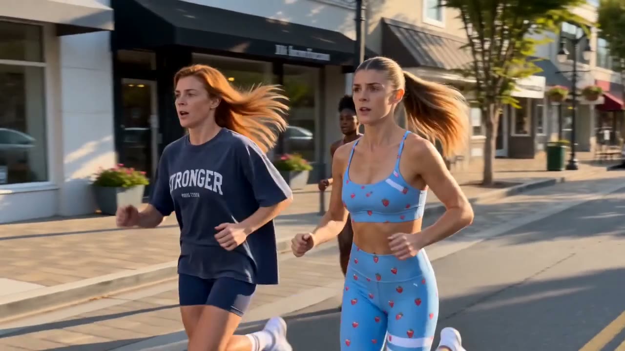 Two runners from the sheet, in the navy STRONGER tee and the blue strawberry-print set, running down a sunlit street.