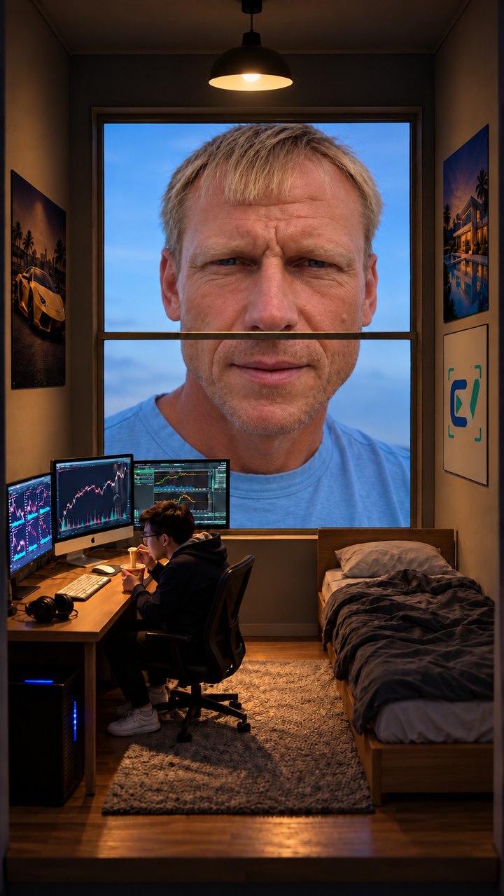 The same room relit by the ceiling pendant, with a sharper face at the window.