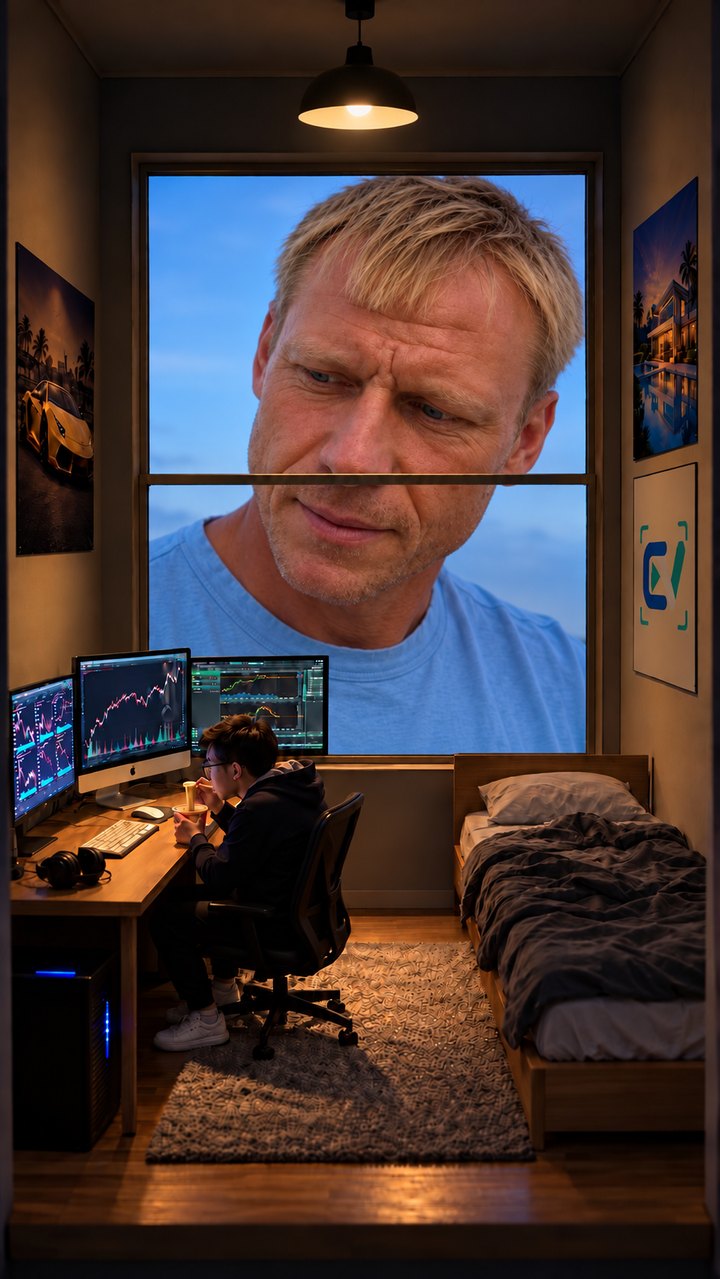 The giant blond man fills the rear window and looks down at the trader.