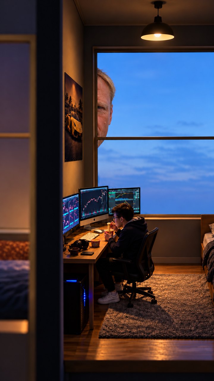 The same room moved right behind a dark dividing wall, the giant only at the window edge.
