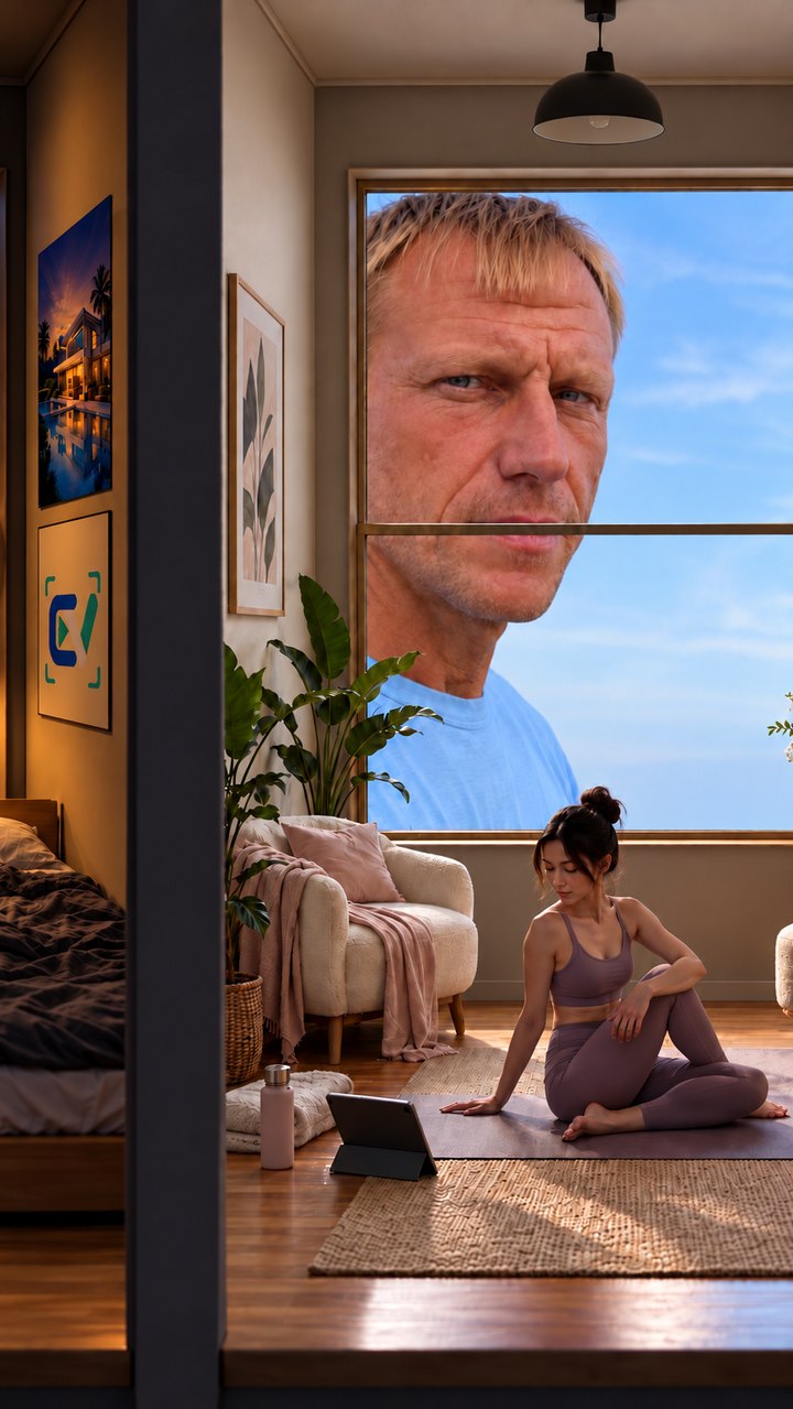 The yoga room next door: a woman on a mat with a tablet, the giant at the window, the trader room’s wall on the left.
