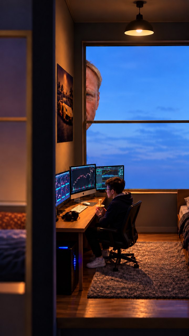 The miniature trader at his three monitors, holding a noodle cup; a sliver of the giant’s face at the window edge; a dark dividing wall on the left.