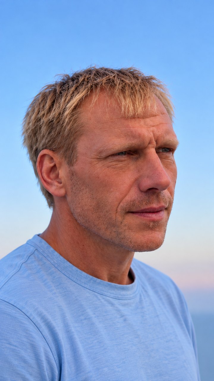 A portrait of a blond man with a noticeably different head shape from the reference.
