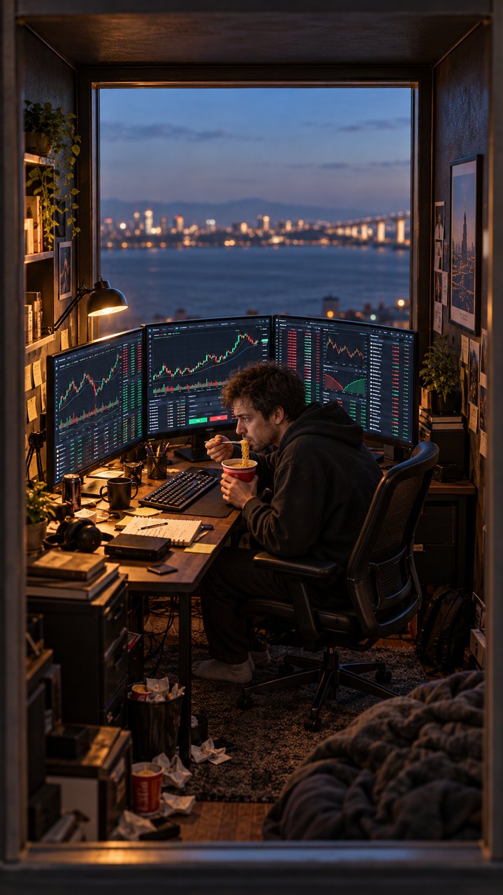 A cluttered trading room at night with a city view and no giant at the window.