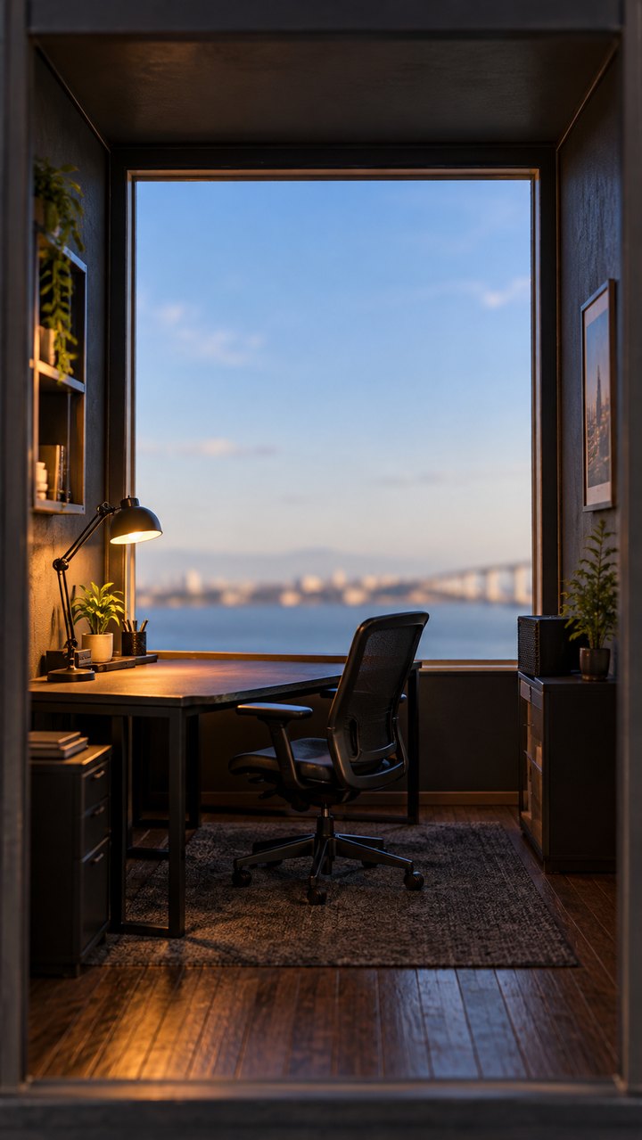 An empty room with a window and a desk, no monitors and no person.