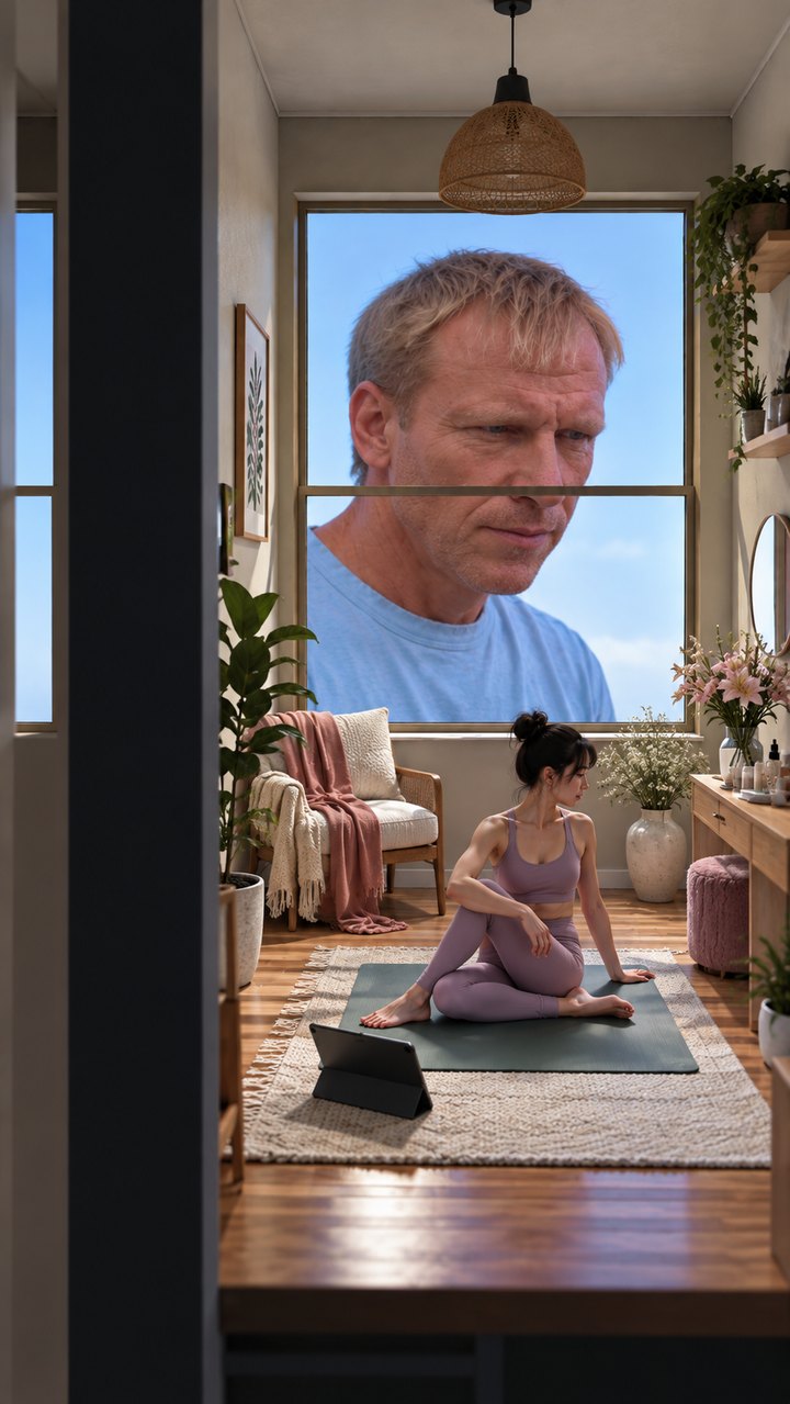 The yoga room with a window visibly smaller than the reference.