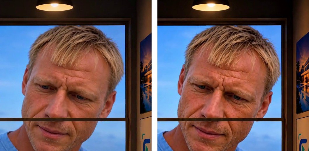 The giant’s face at the same moment from H3 full on the left and H3 turbo on the right; the turbo version has dark mottled spots on the skin.