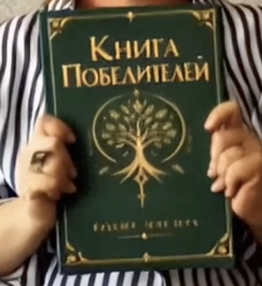 The striped-shirt shot with the green replacement cover and gold tree emblem, with the hands and ring visible.