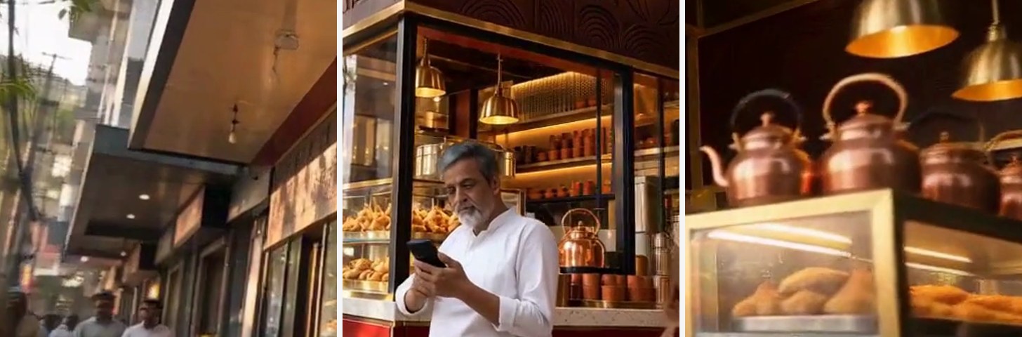 H3 Max: a street with pedestrians on the left, the man at the counter, a pastry case and kettles on the right.