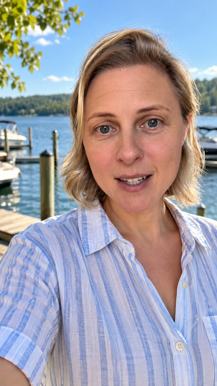 The input photo: the speaker in a striped shirt at a lakeside marina.