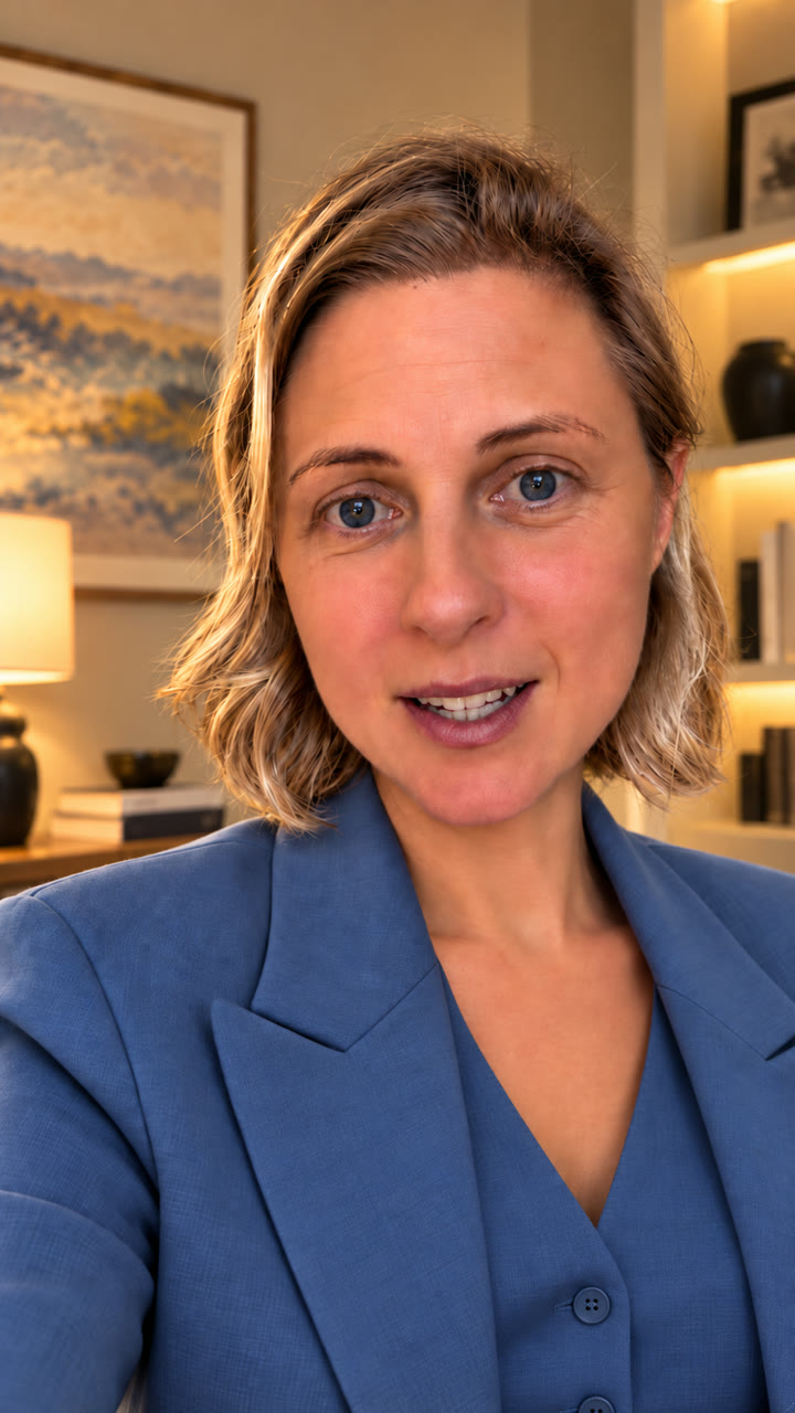 Reference still: the speaker in a dusty-blue blazer and waistcoat in a warm living room with a landscape painting, a table lamp and lit shelves.